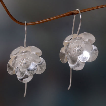 Silver Bloom Flower Blossom Drop Earrings in Brushed Sterling Silver