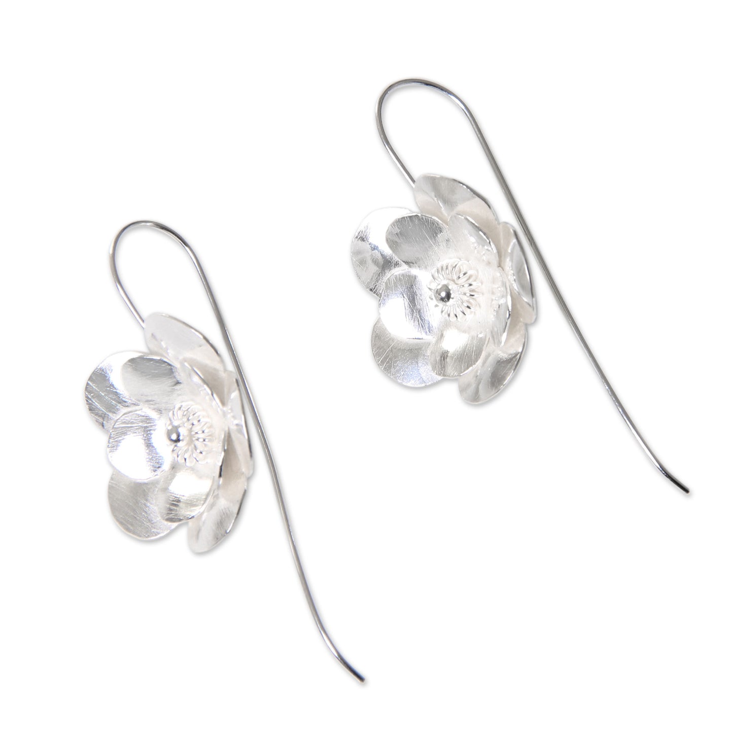 Silver Bloom Flower Blossom Drop Earrings in Brushed Sterling Silver