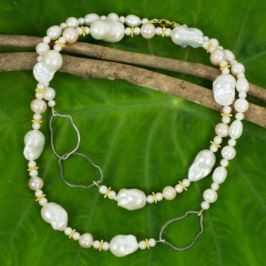 Exotic Muse White Pearl Necklace with Sterling Silver and 24k Gold Plate