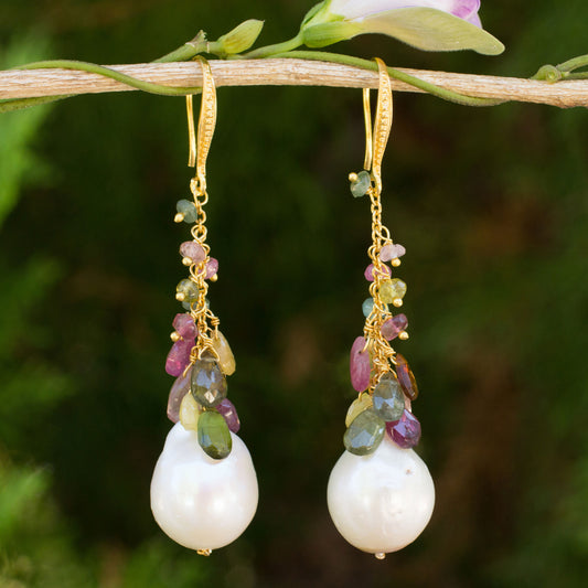 Precious Rainbow Tourmaline Pearl Gold Plated Silver Earrings