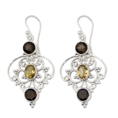 Dusk Arabesque Indian Sterling Silver Earrings with Smoky Quartz & Citrine