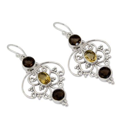 Dusk Arabesque Indian Sterling Silver Earrings with Smoky Quartz & Citrine