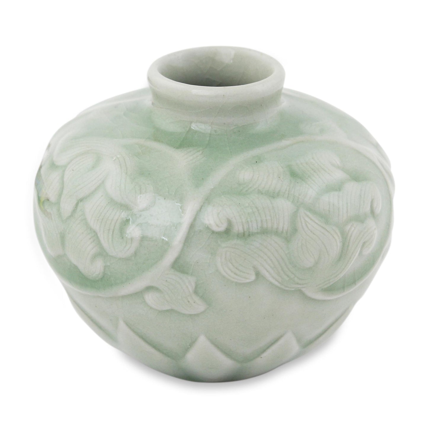 Voluptuous Lotus Thai Hand Crafted Petite Celadon Ceramic Vase