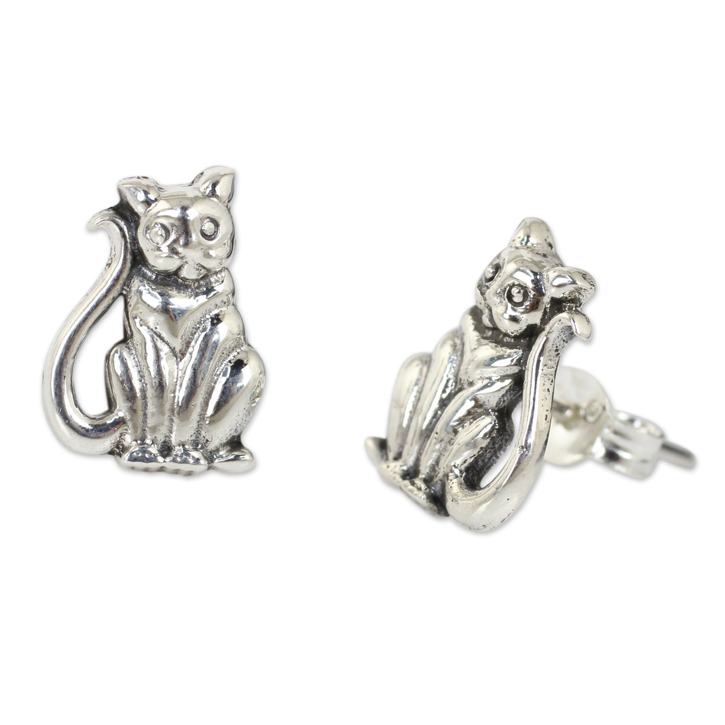 Contented Kittens Silver Button Earrings