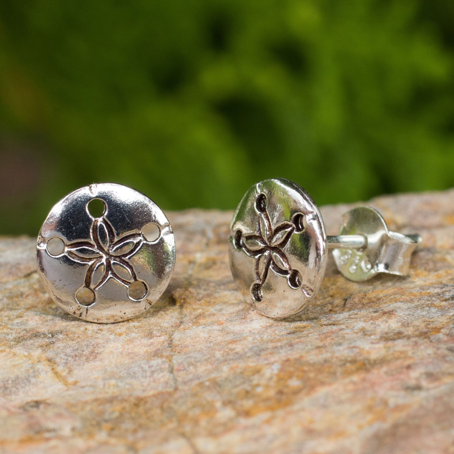 Sand Dollar Hand Crafted Seashell Design Sterling Silver Button Earrings