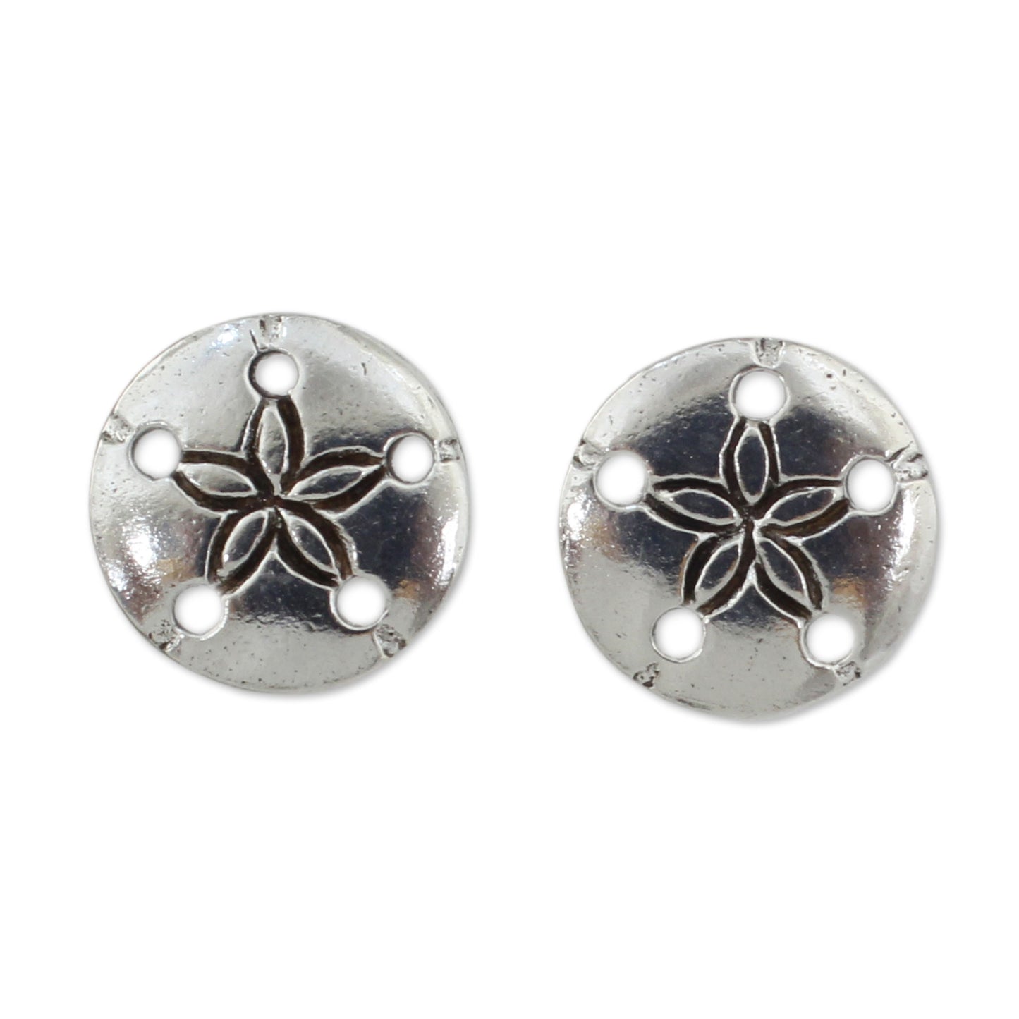 Sand Dollar Hand Crafted Seashell Design Sterling Silver Button Earrings