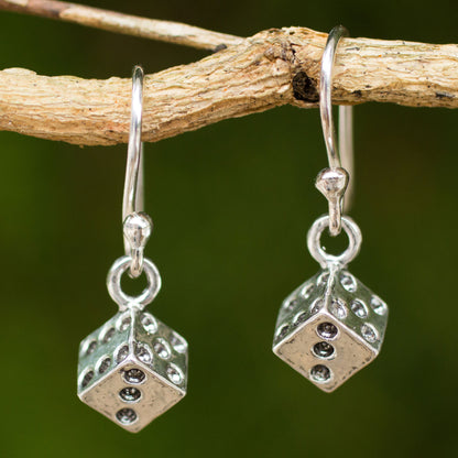 Lucky Dice Silver Good Luck Dangle Earrings