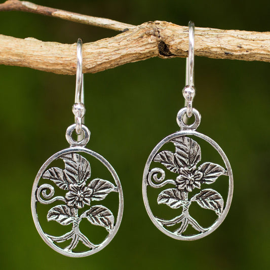 Hollyhocks Thai Artisan Crafted Flower Theme Silver Hook Earrings