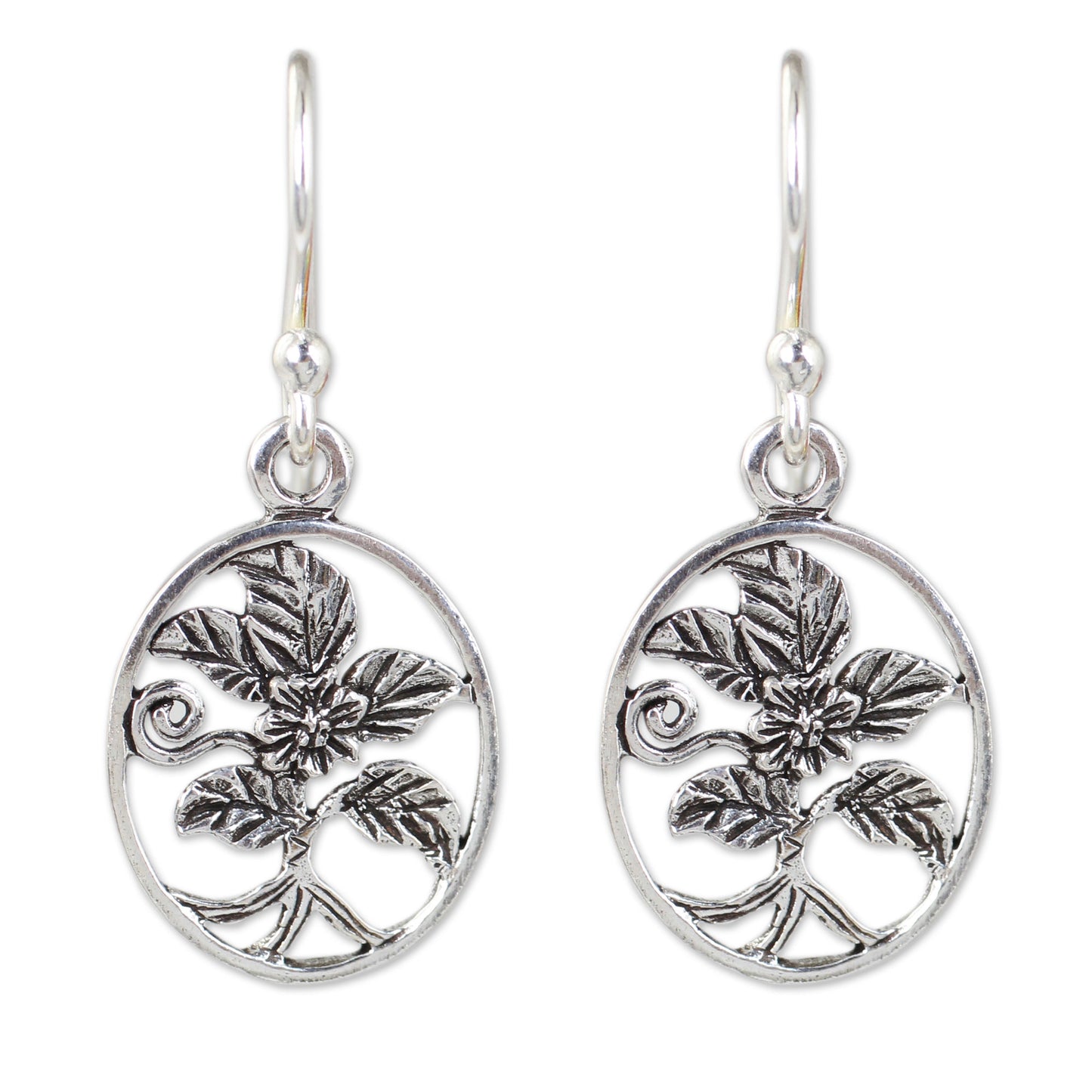 Hollyhocks Thai Artisan Crafted Flower Theme Silver Hook Earrings