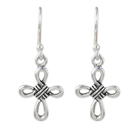 Knotted Cross Hand Crafted Thai Sterling Silver Cross Dangle Earrings