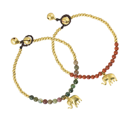 Stylish Elephants Jasper and Elephant Charm on Pair of Brass Beaded Bracelets