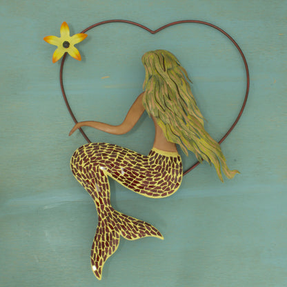 Mermaid Love Handmade Iron and Glass Mosaic Mermaid Heart Wall Sculpture