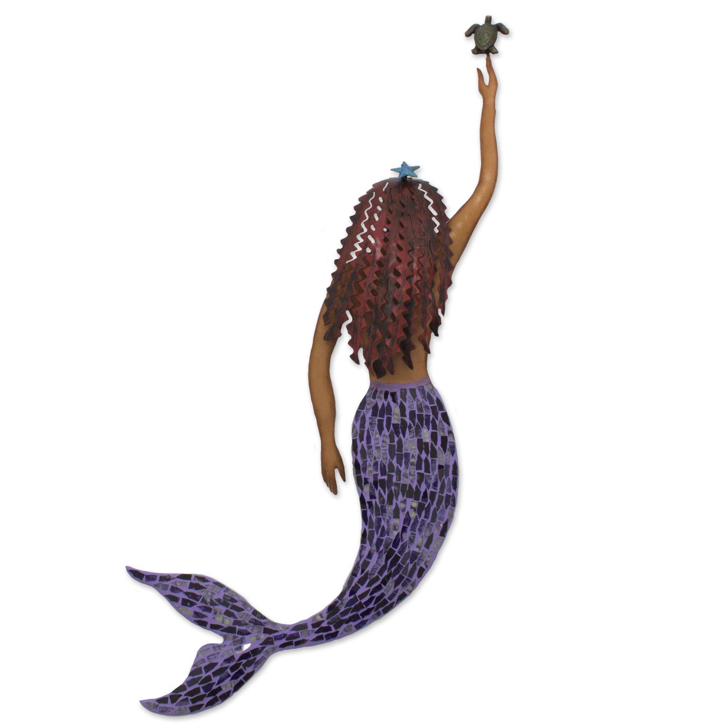 Mermaid and Turtle Handmade Iron and Glass Mosaic Mermaid Wall Sculpture