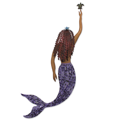 Mermaid and Turtle Handmade Iron and Glass Mosaic Mermaid Wall Sculpture