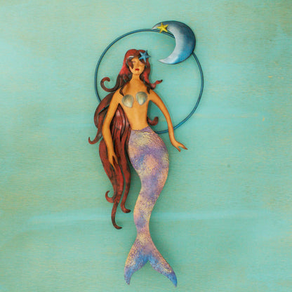 Mermaid Moon Mexican Mermaid Wall Sculpture Hand Made of Iron