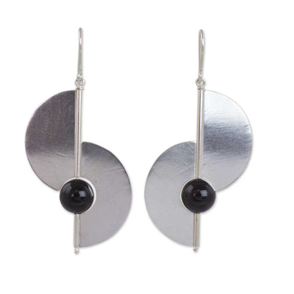 Two Moons Modern Geometric Sterling Silver and Onyx Hook Earrings