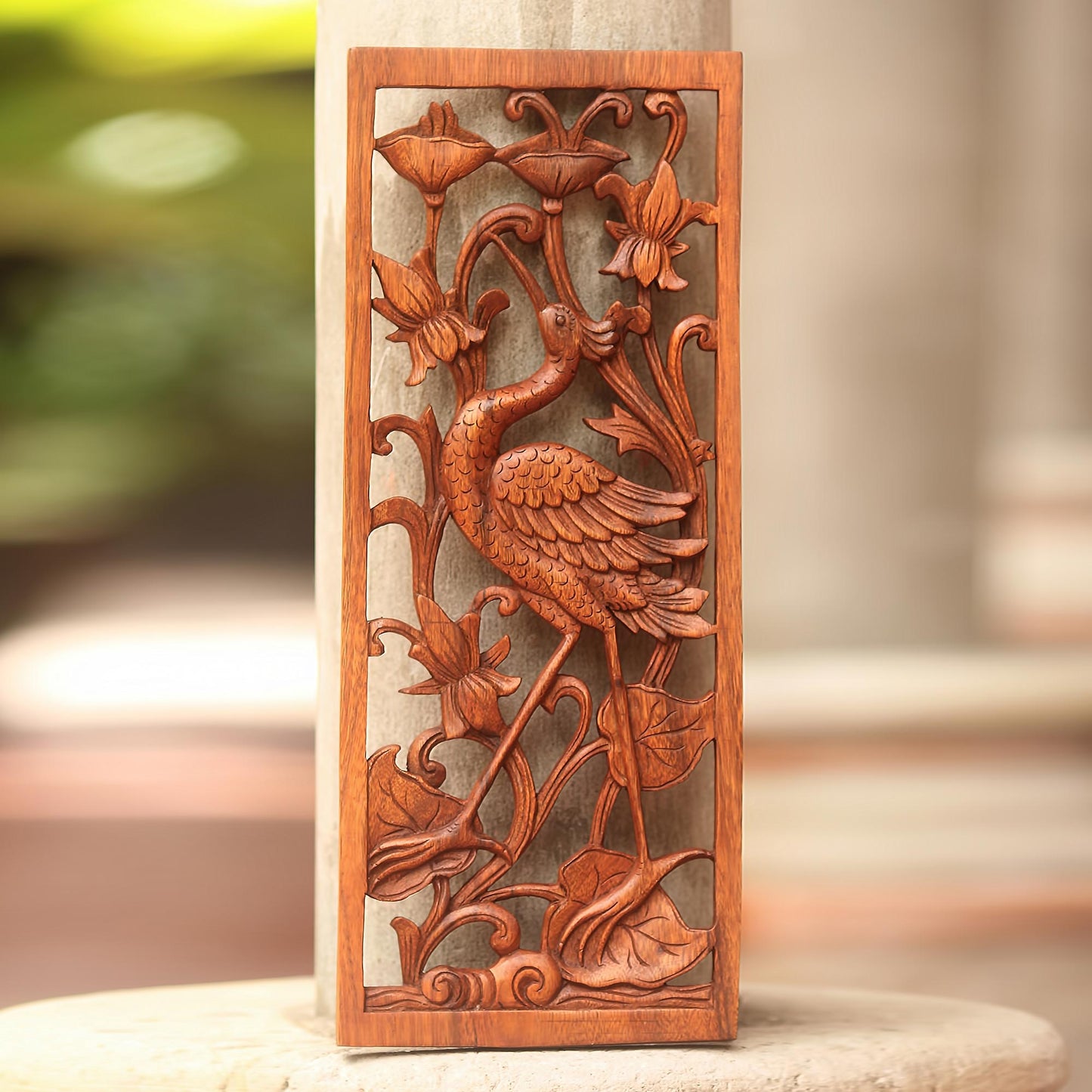 Lotus Crane Hand Made Suar Wood Crane Relief Panel from Bali