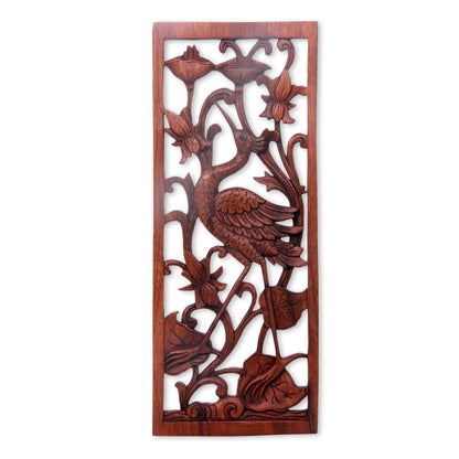 Lotus Crane Hand Made Suar Wood Crane Relief Panel from Bali