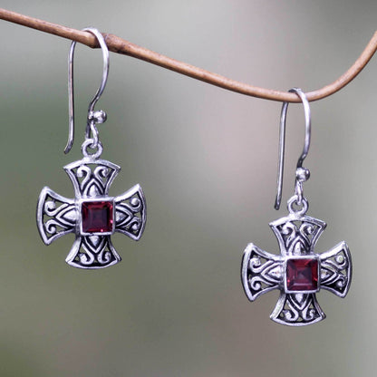 Maltese Cross Garnet & Sterling Silver Earrings