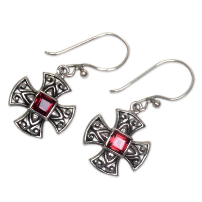 Maltese Cross Garnet & Sterling Silver Earrings