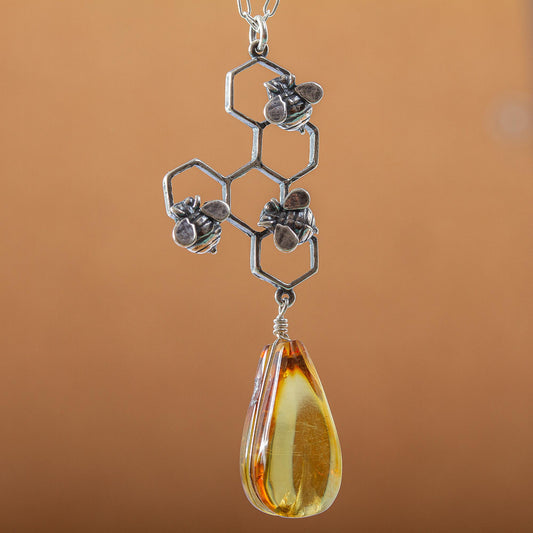 Sweet Honey Amber and Sterling Silver Bees in Honeycomb Necklace
