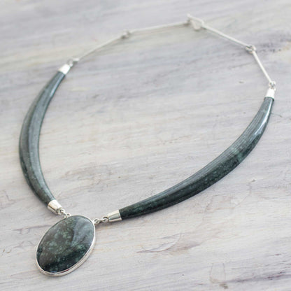 Maya Elegance Dark Green Jade Pendant Necklace with Sterling Silver