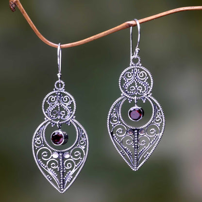 Majapahit Glory Balinese Sterling Silver Dangle Earrings with Garnet