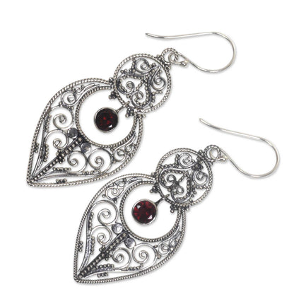 Majapahit Glory Balinese Sterling Silver Dangle Earrings with Garnet