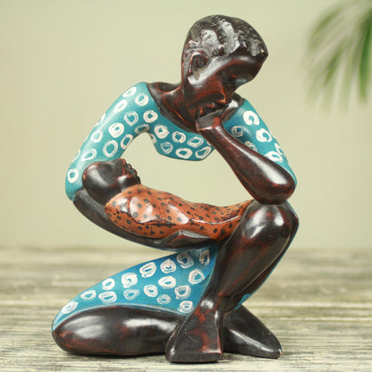 Thinking Mother Mother and Child Modern Wood Sculpture Carved by Hand