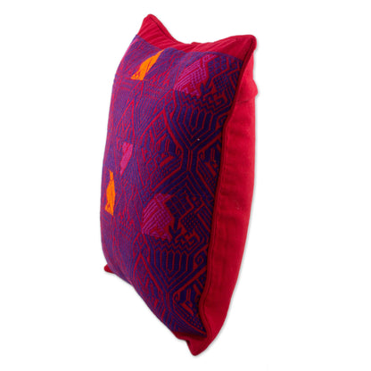 Birds in Color Handwoven Maya Backstrap Loom Red and Purple Cushion Cover