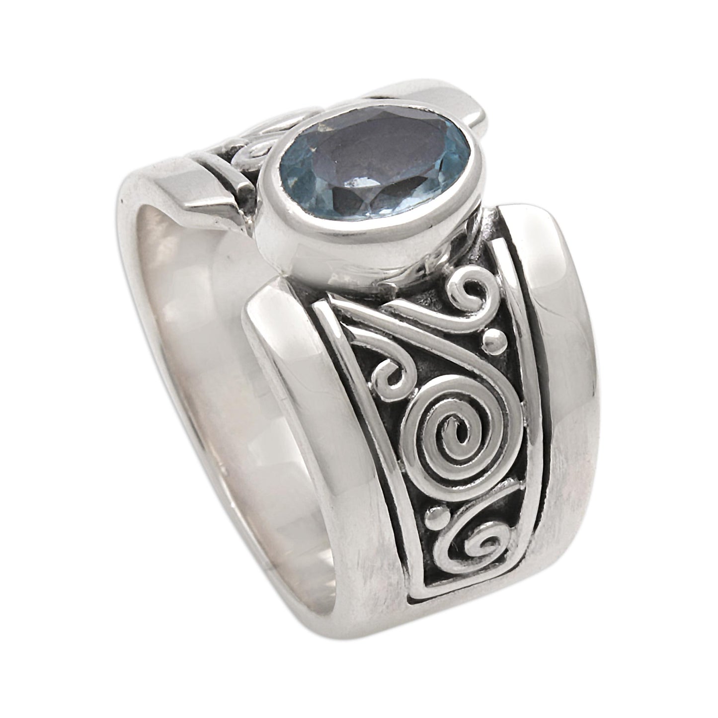 Blue Karma Artisan Crafted Sterling Silver Wide Ring with Blue Topaz