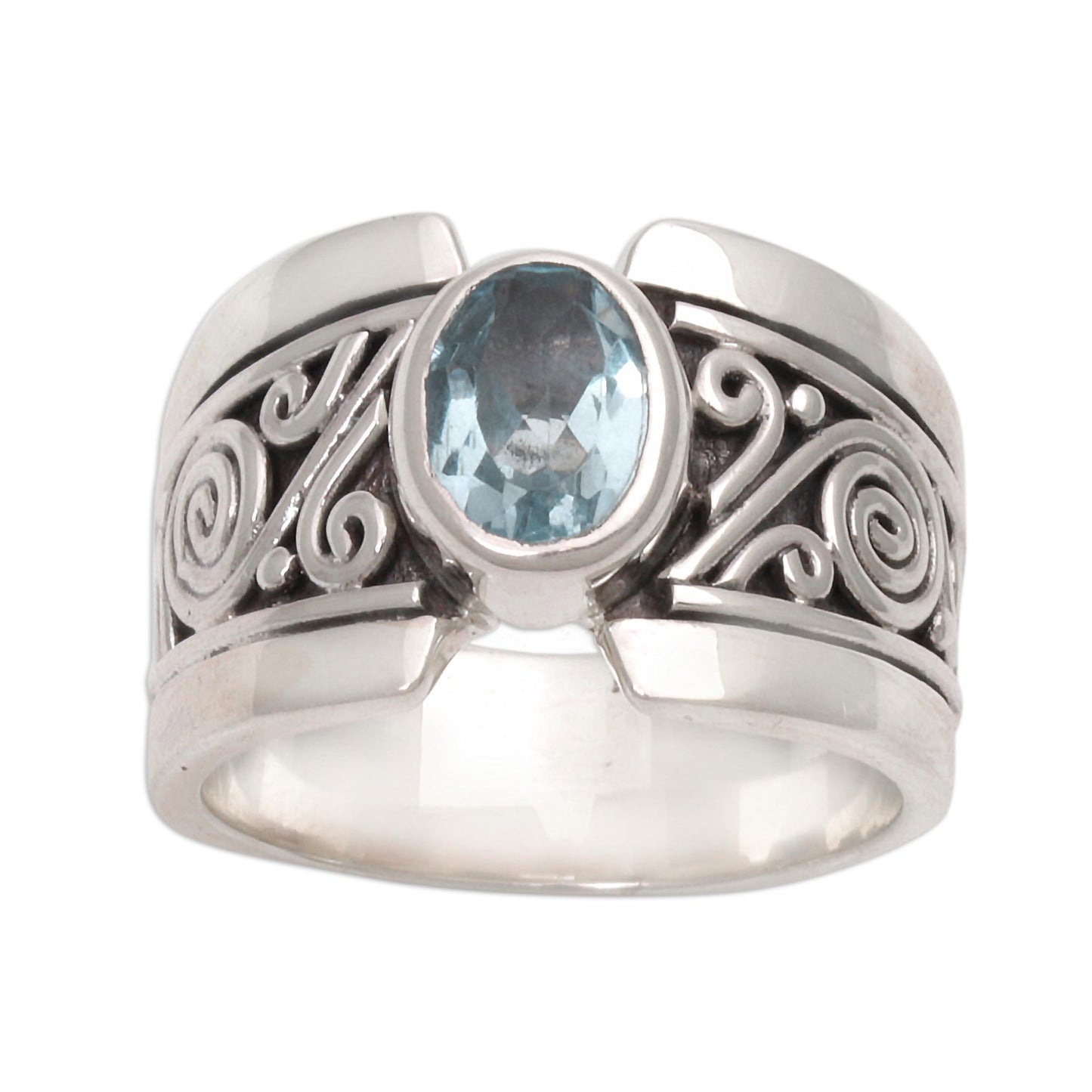 Blue Karma Artisan Crafted Sterling Silver Wide Ring with Blue Topaz