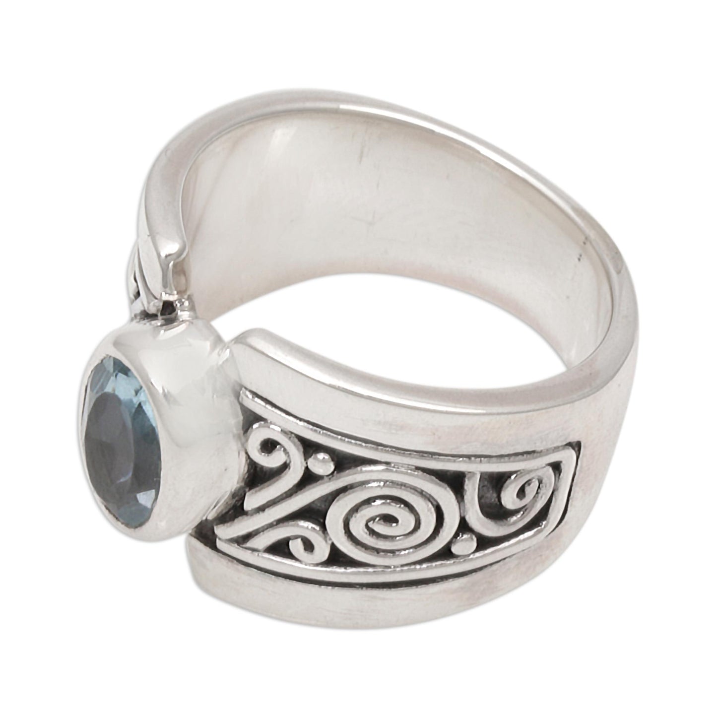 Blue Karma Artisan Crafted Sterling Silver Wide Ring with Blue Topaz