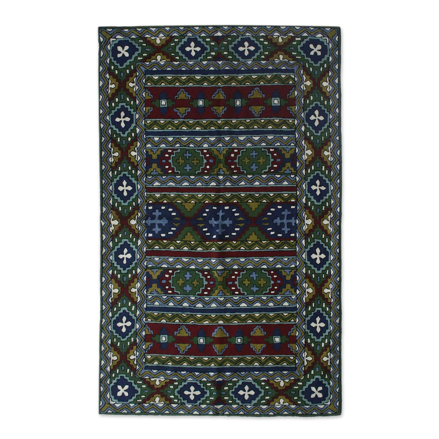 Kashmiri Emeralds Green and Burgundy Kashmiri Chain Stitch Wool Rug (3x5)