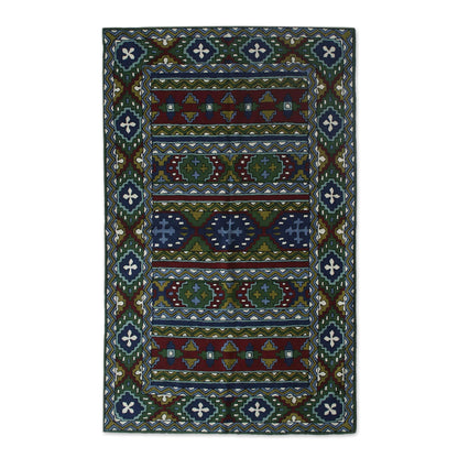 Kashmiri Emeralds Green and Burgundy Kashmiri Chain Stitch Wool Rug (3x5)