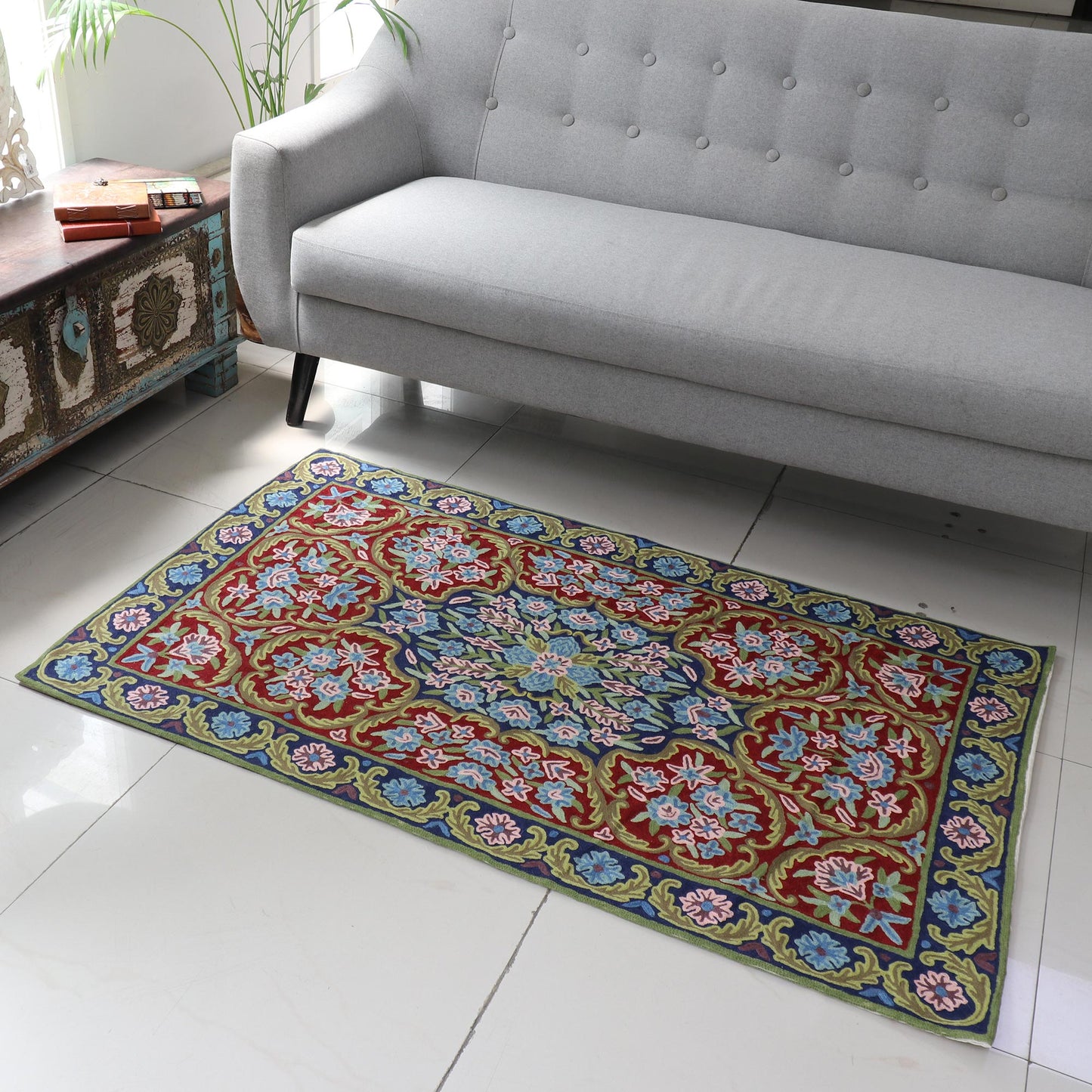 Kashmir Festival Handcrafted Floral Geometric 3 by 5 Ft Chain Stitch Rug