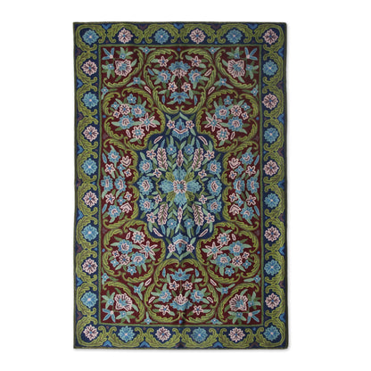Kashmir Festival Handcrafted Floral Geometric 3 by 5 Ft Chain Stitch Rug