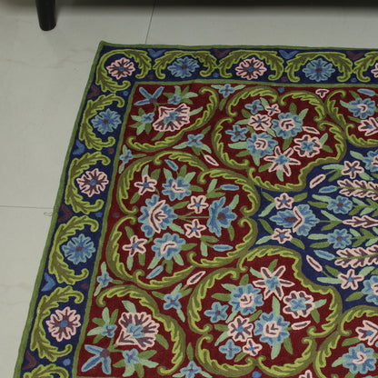 Kashmir Festival Handcrafted Floral Geometric 3 by 5 Ft Chain Stitch Rug