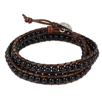 Surin Night Onyx and Leather Wrap Bracelet with Hill Tribe Silver Clasp