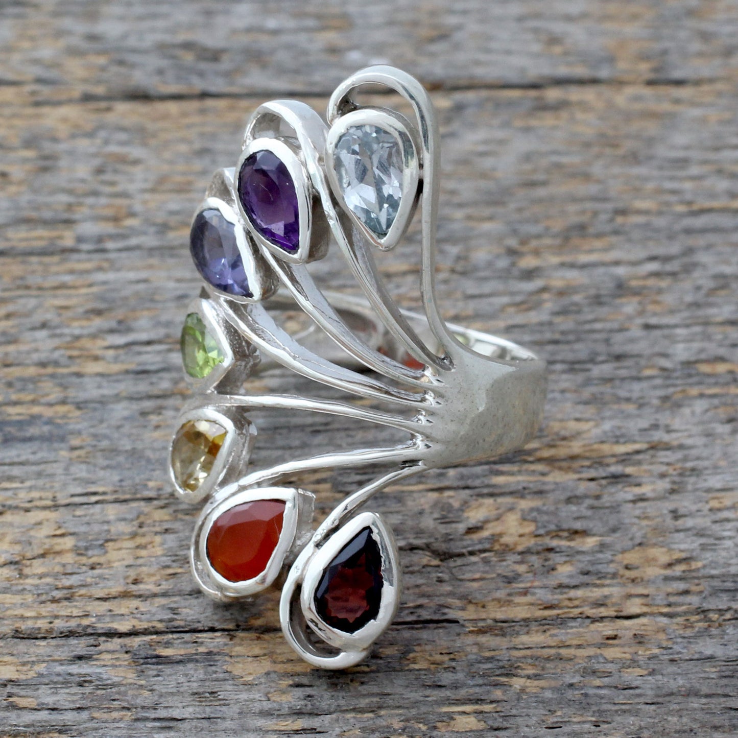 Harmonious Wisdom Multi-gemstone .925 Silver Ring Chakra Jewelry from India