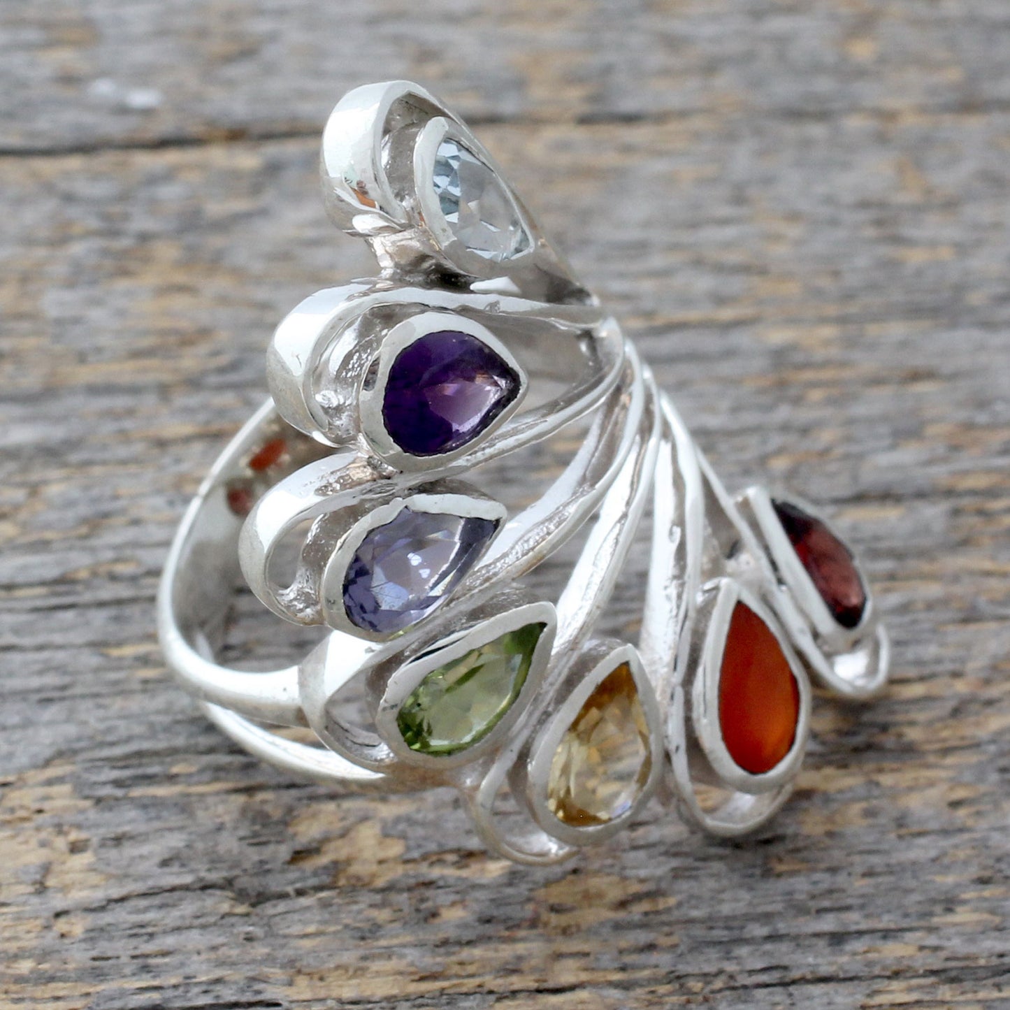 Harmonious Wisdom Multi-gemstone .925 Silver Ring Chakra Jewelry from India