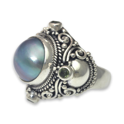 Regal Blue Glory Artisan Crafted Blue Mabe Pearl and Peridot Cocktail Ring