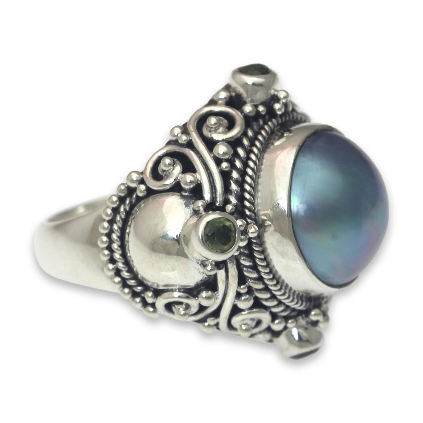 Regal Blue Glory Artisan Crafted Blue Mabe Pearl and Peridot Cocktail Ring