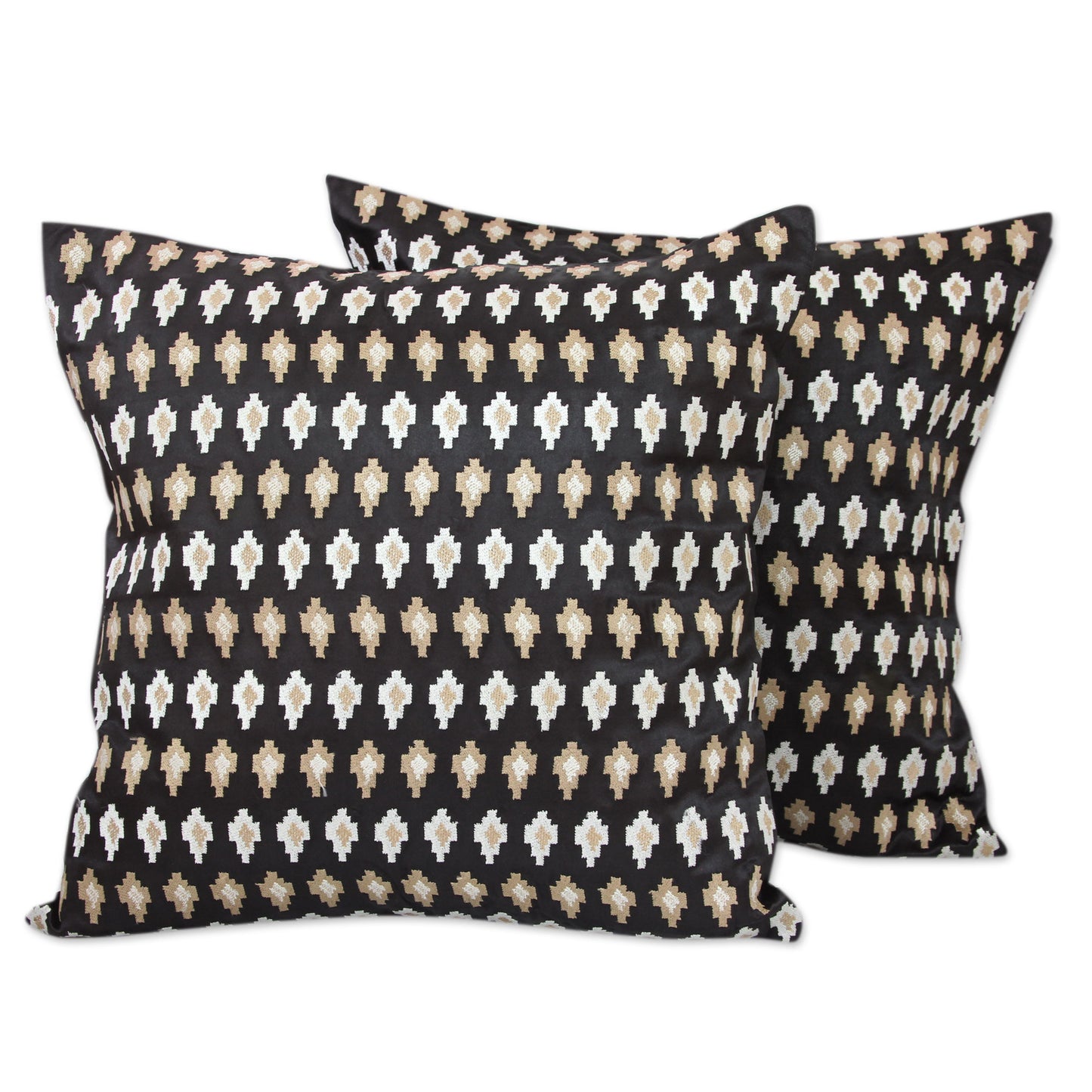 Midnight Desert Embroidered Beige Stars on Black Satin Cushion Covers (Pair)