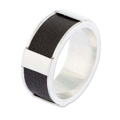 Leather Minimalist Artisan Crafted Leather Accent Sterling Silver Band Ring