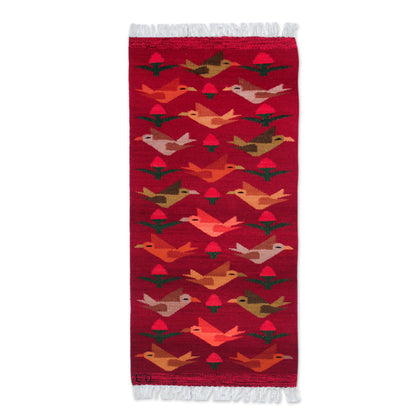 Red Birds on the Wing Peruvian Handwoven Red Wool Rug with Birds (2x5)