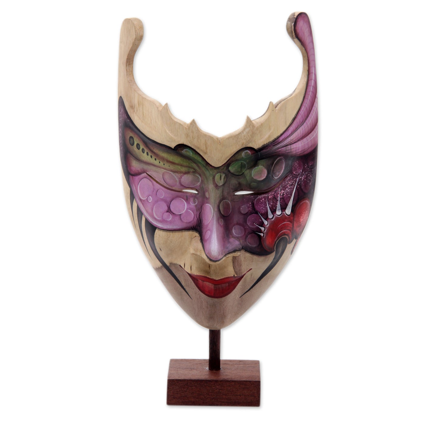 Mysterious Woman Hand Painted Modern Balinese Mask and Stand