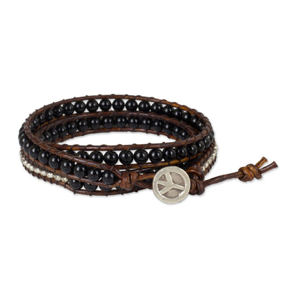 Hill Tribe Boheme Onyx Beads on Brown Leather Wrap Bracelet from Thailand