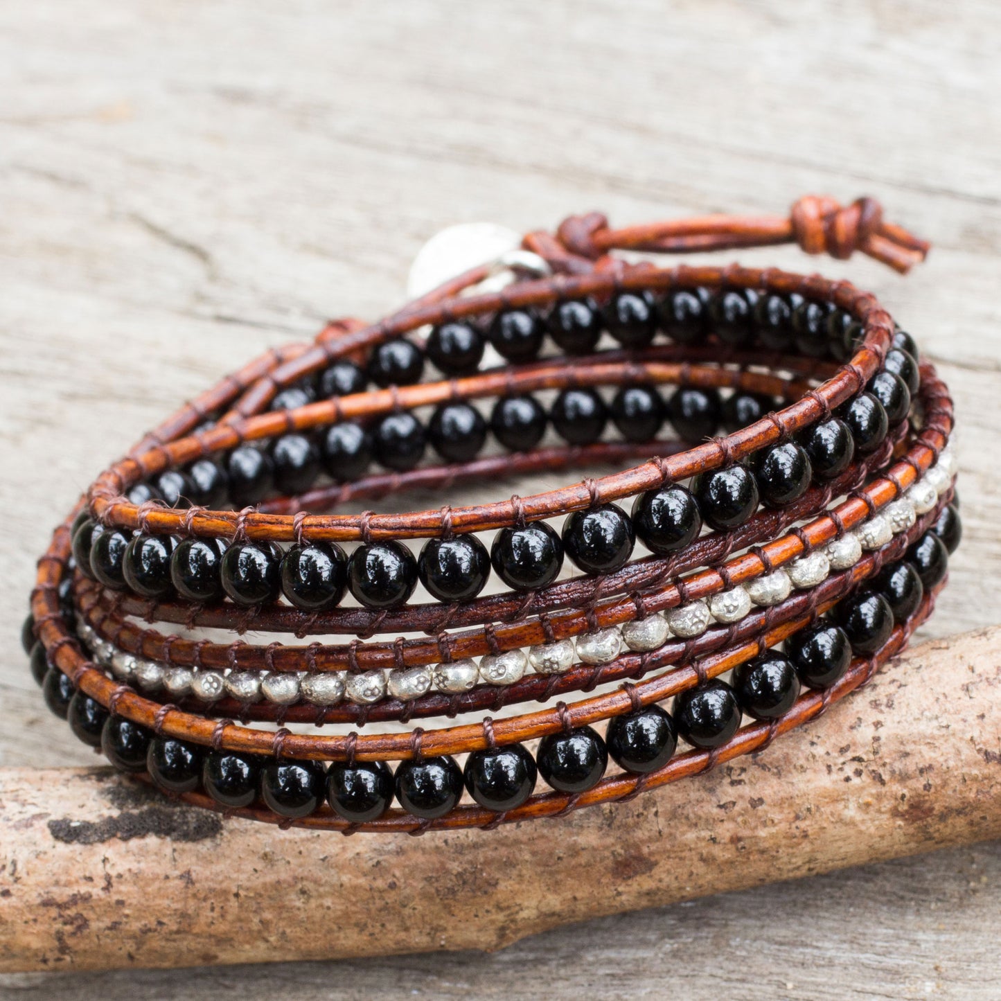 Hill Tribe Boheme Onyx Beads on Brown Leather Wrap Bracelet from Thailand