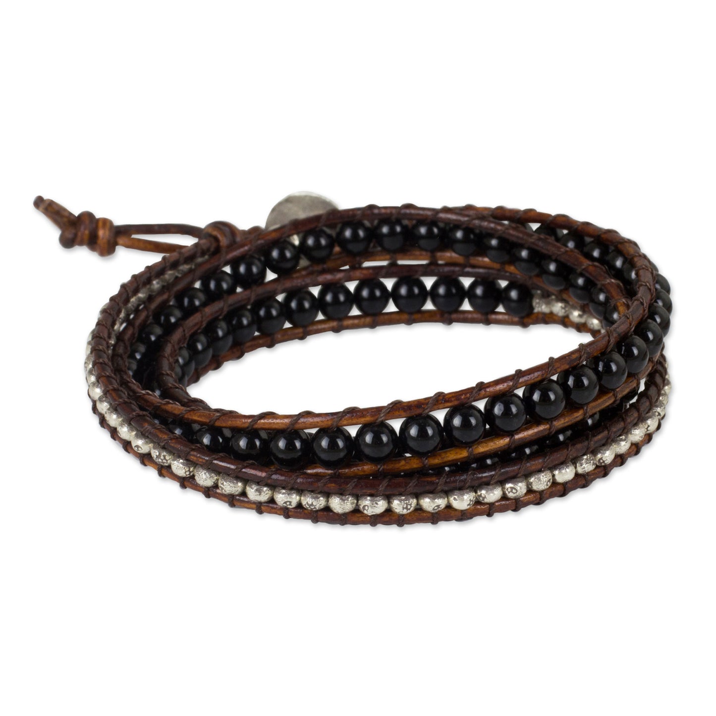 Hill Tribe Boheme Onyx Beads on Brown Leather Wrap Bracelet from Thailand